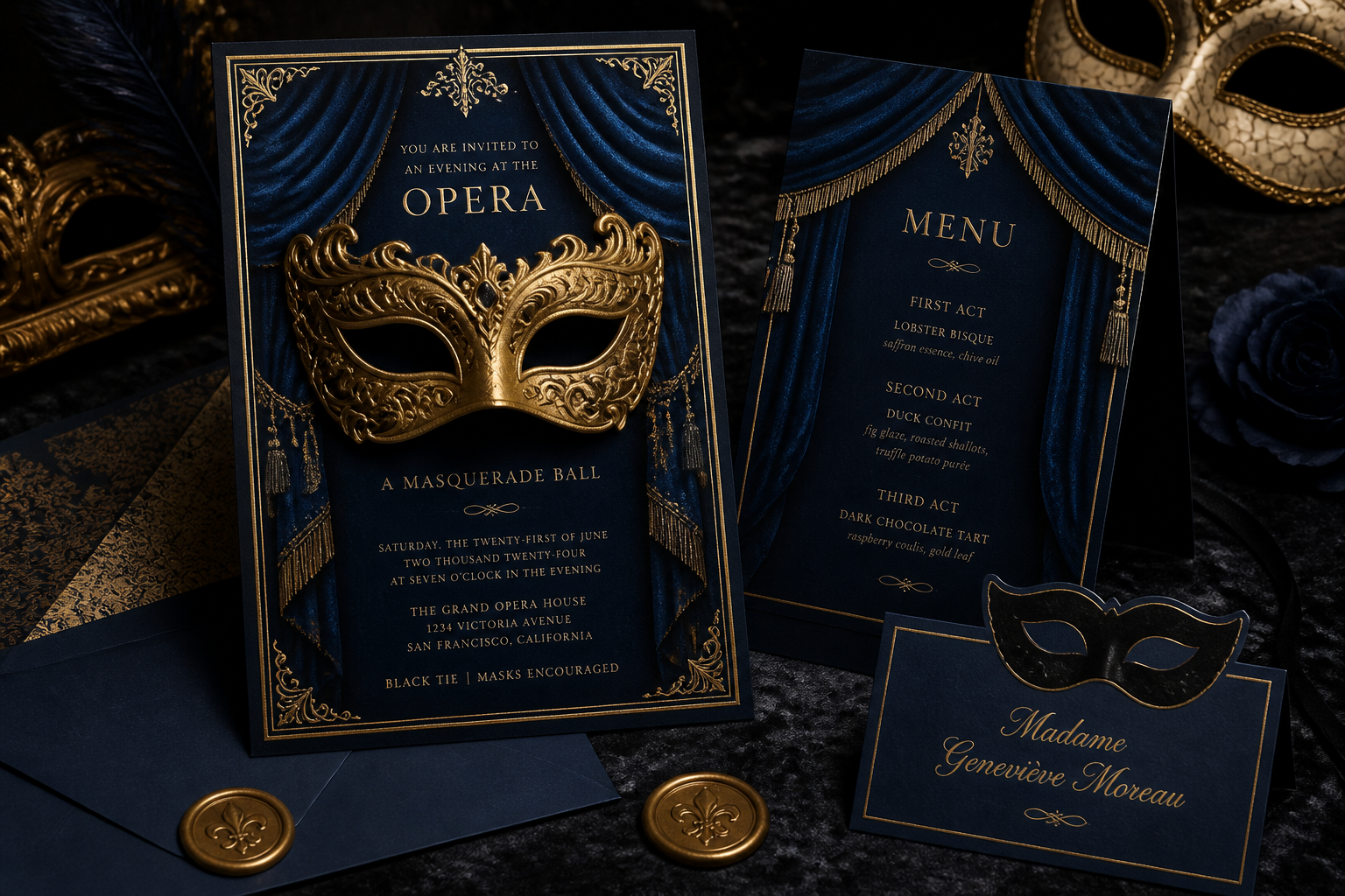 Opera Aesthetic Masquerade Invitation, Menu & Place Card SET project preview