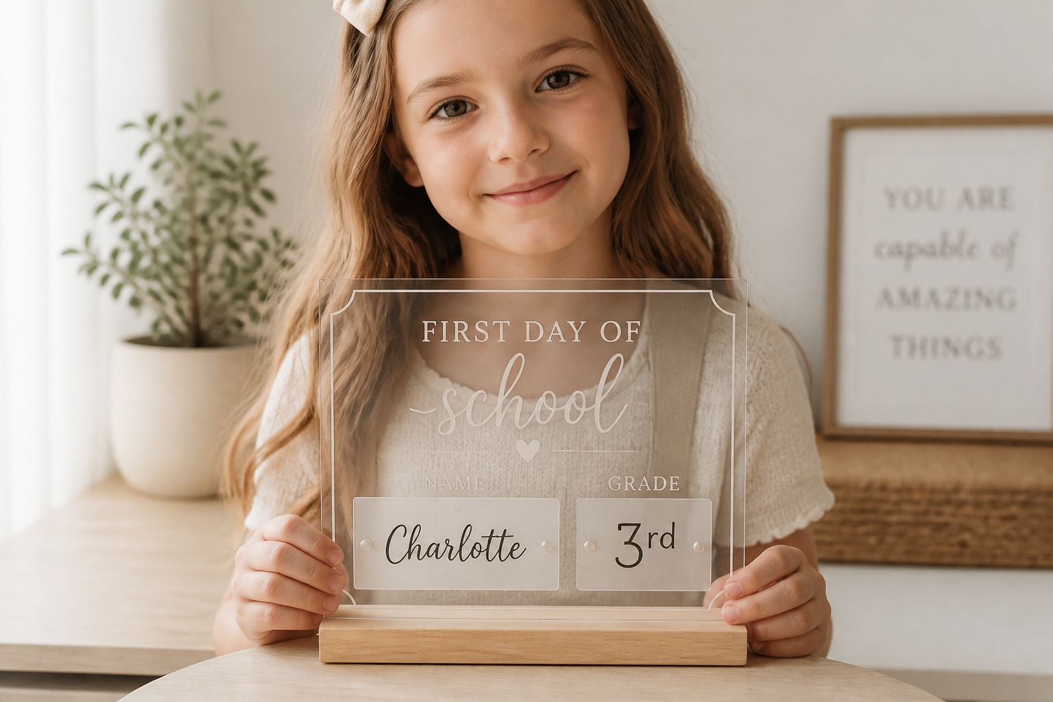 Reusable School Milestone Sign — Acrylic photo-prop with interchangeable name/date panels finished project preview