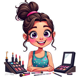 Colorful cartoon makeup girl with makeup palette and pink mirror, joyful and playful design for crafts