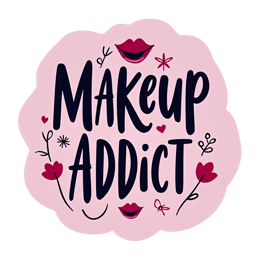 Makeup Addict SVG design with bold text, pink background, flowers, lips, and playful cartoon elements