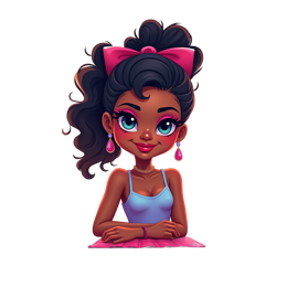 Cartoon beauty makeup studio design with happy girl at vanity table surrounded by pink and blue makeup products