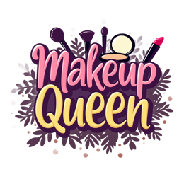 Makeup Queen SVG design with pink and yellow text, makeup brushes, lipstick, powder compact, and decorative foliage