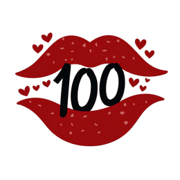 Bold red lips with number 100 and red hearts on pink background cartoon design