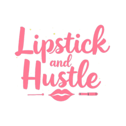 Bright pink Lipstick and Hustle text design with lipstick, makeup brush, and yellow stars on black background
