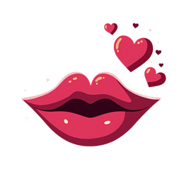 Bright pink cartoon lips with red and pink hearts and sparkles on a soft pink background