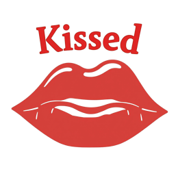 Kissed lips graphic with bold glossy red lips and playful red text on a light background