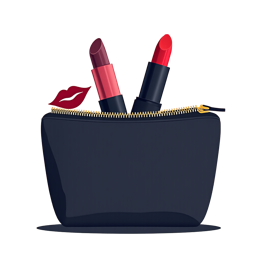 Stylish black makeup bag SVG with red and berry lipsticks and gold zipper on blush pink background