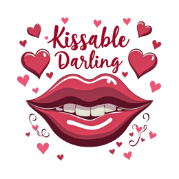 Kissable red lips with pink and red hearts and playful text in a colorful flat art style