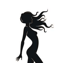 Black silhouette of a woman with flowing hair on a bright yellow background in a modern minimalist style