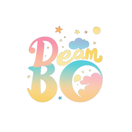 Dreamy colorful SVG design with pastel letters, stars, moon, and clouds on dark blue background