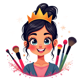 Cartoon beauty girl with golden crown and colorful makeup brushes in bright pastel colors SVG