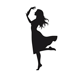 Black silhouette of a woman dancing gracefully in a flowing dress on a white background