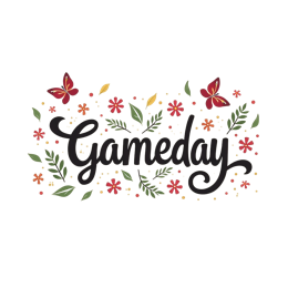Gameday SVG design with bold black text surrounded by colorful flowers and butterflies in a whimsical style