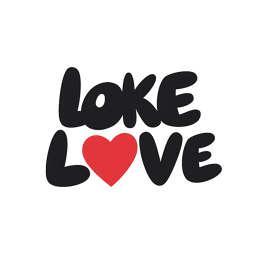 Bold love typography design with black letters and a bright red heart on white background