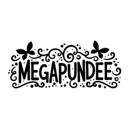 MEGAPUNDEE bold curly typography with butterflies and swirls on cream background
