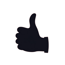 Simple thumbs up icon with black hand on bright orange background, flat graphic style