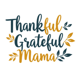 Thankful Grateful Mama SVG design with hand-drawn leaves in blue, yellow-orange, and green on off-white background