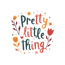 Pretty Little Thing hand-drawn flower and star text design in bright colors for crafting