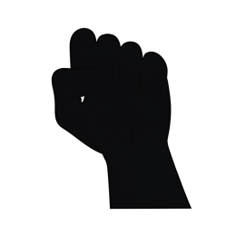 Bold black raised fist symbol on beige background representing power and solidarity