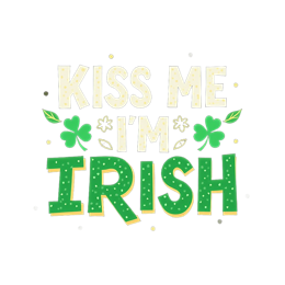 Kiss Me I'm Irish SVG design with bold white and green text and green shamrocks on black background