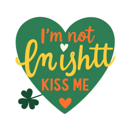St. Patrick's Day kiss me heart SVG with green heart, yellow Irish text, orange kiss me text, and black shamrock outline