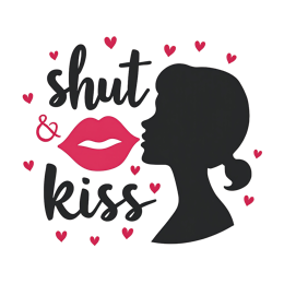 Shut kiss silhouette design with woman profile, pink lips, black script text, and red hearts on light background