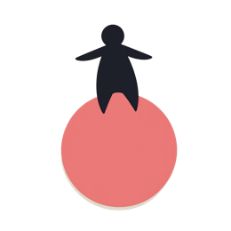 Minimalist black silhouette figure balancing on a pink circle with a light beige background