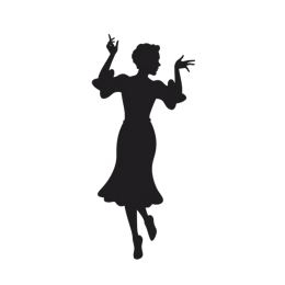 Elegant black silhouette of a woman dancing with raised arms and flared dress on white background