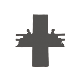 Black silhouette of two people sitting on opposite sides of a large cross shape with a light background