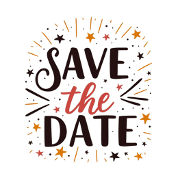 Save the date design with bold black and pink text, colorful stars, and burst lines on a cream background in a hand-drawn.