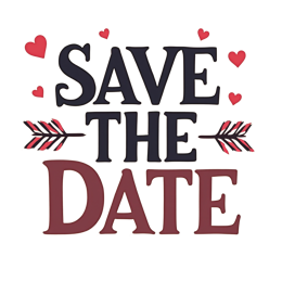 Save The Date invitation design with bold letters, red hearts, and a rustic striped arrow on cream background