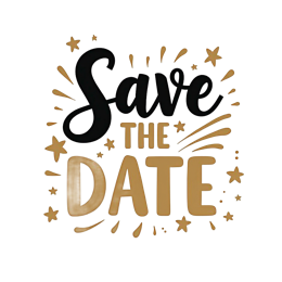 Save the Date design with black bold text, light brown stars, and decorative bursts on white background