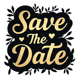 save the date SVG PNG design with hand-drawn style, bold lettering, black and red floral elements