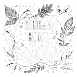 Dream Big quote design with white text, stars, and leaves on black background for crafting