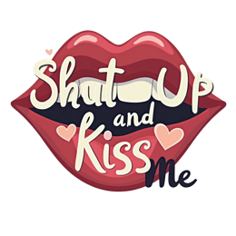 Shut Up and Kiss Me design with bold red lips, playful text, and pink hearts on beige background