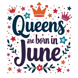 Colorful 'Queens Are Born in June' SVG design with crowns, stars, flowers, and bold playful text in bright colors