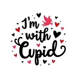 I'm with Cupid SVG design with playful cartoon Cupid and red pink hearts on white background