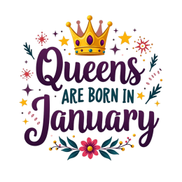 Colorful 'Queens Are Born in January' SVG design with golden crown, stars, and floral decorations for birthday crafts