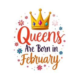 Queens Are Born in February SVG with golden crown, colorful flowers, and bold festive text on pink background
