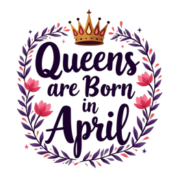 Queens Born in April SVG design with golden crown and pink purple floral wreath for birthday shirts and decorations
