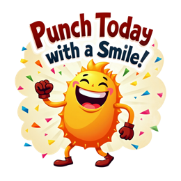 Cheerful cartoon sun with red boxing gloves and colorful confetti celebrating with a smile