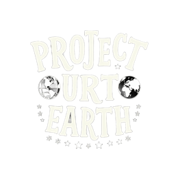Project Our Earth black and white typography design with globe icons and stars on black background