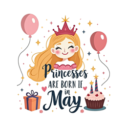 Princess birthday cake SVG with blonde girl, pink crown, cupcake, balloons, and playful birthday text