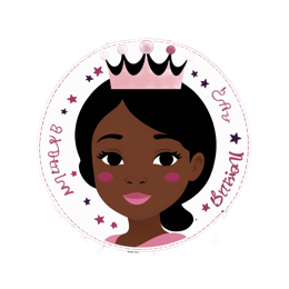 Princess cartoon illustration of a smiling girl with pink crown and colorful flowers on pastel pink background