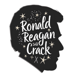 Ronald Reagan black silhouette with playful white text and gold stars on beige background political design