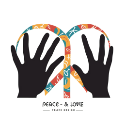 Colorful peace hand design with black silhouette hands and vibrant peace symbol in orange, blue, and green