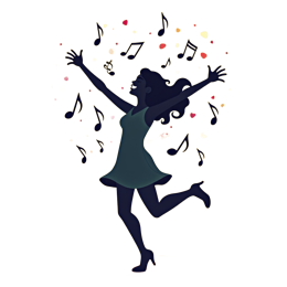 Joyful dancing woman SVG with music notes and hearts in colorful flat design