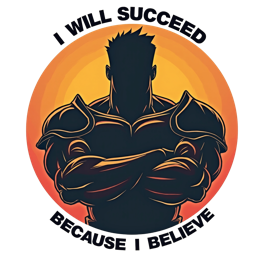Motivational strength design with strong man silhouette and bold 'I Will Succeed Because I Believe' quote in orange and black