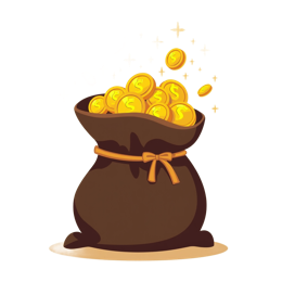 Cartoon money bag filled with shiny gold coins and sparkles in a playful style