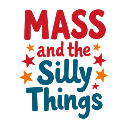 Mass Silly Things colorful text design with red, blue letters and bright stars on off-white background